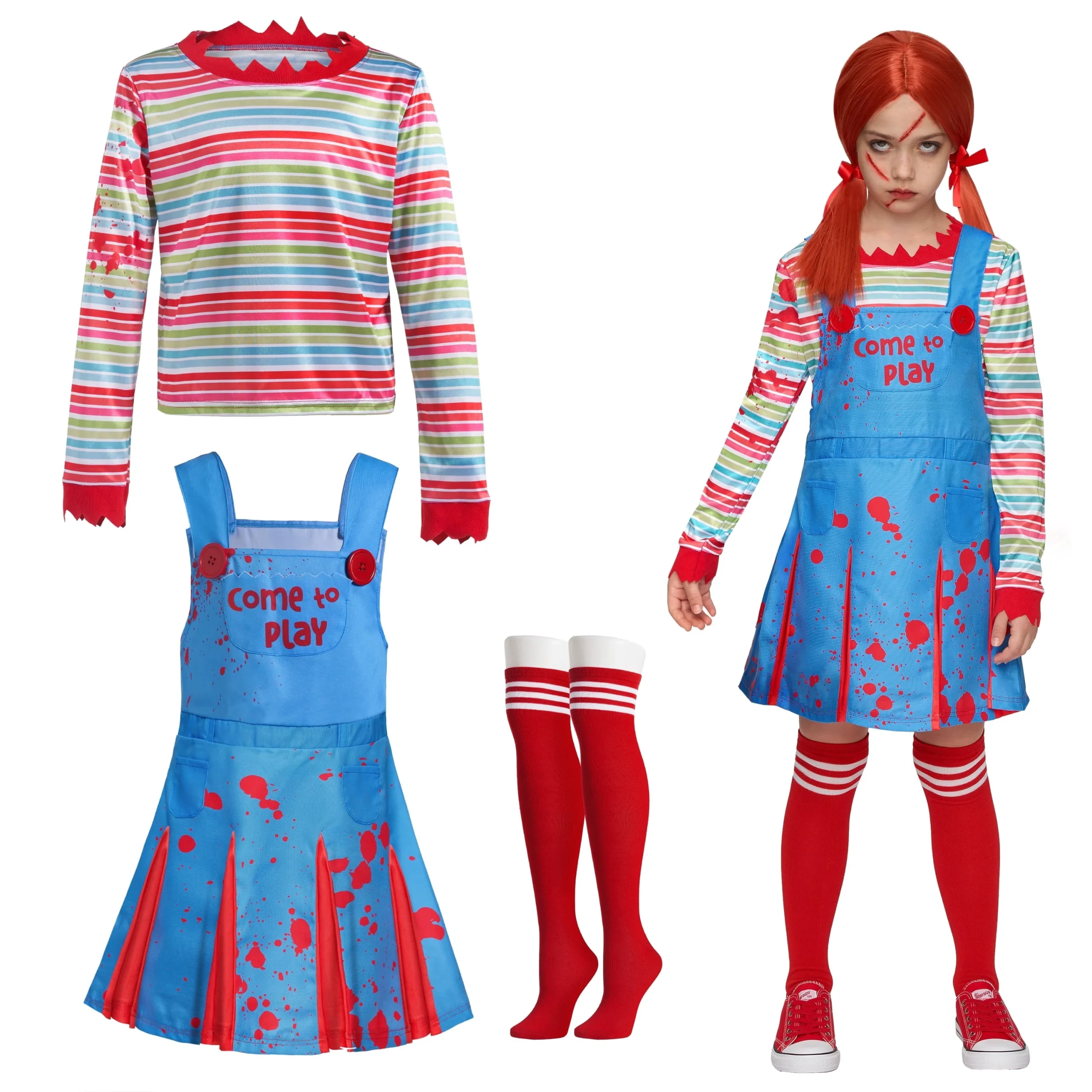 Joyfy Creepy Doll Costume for Women, Family Matching Killer Doll Costume for Halloween Fancy Dress up Cosplay - Image 2