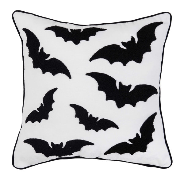 Black Bats In Flight Silhouette Tufted Piped Throw Pillow 16" x 16"