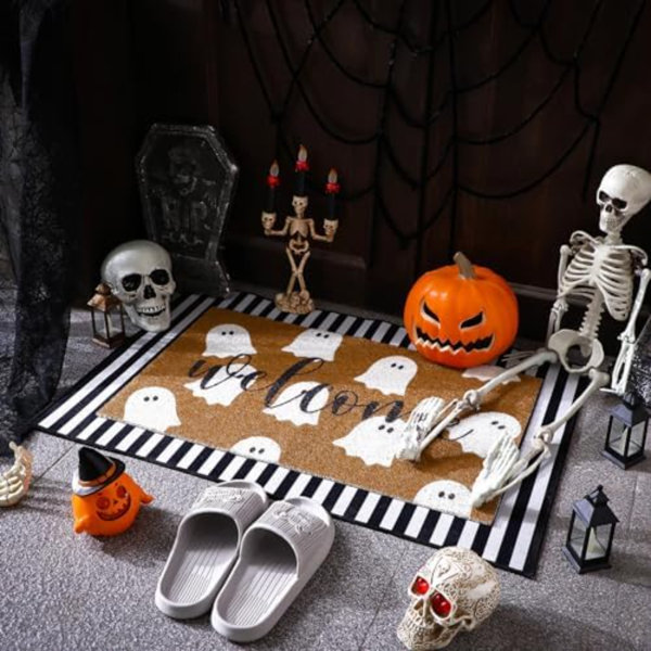 2 Pcs Halloween Welcome Door Mat Ghost Outdoor Welcome Mats For Front Door Non Slip Cute Ghost Coir Floor Mat Black White Stripe Halloween Rug For Outside Front Porch Entryway Décor