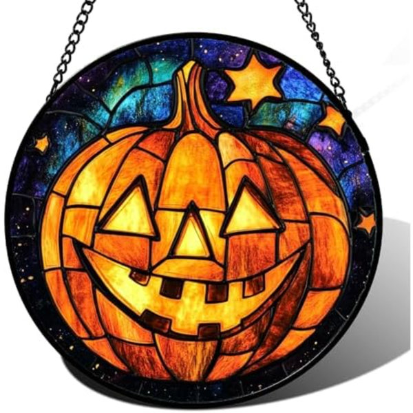 Stained Glass Window Hanging Halloween Horror Golden Pumpkin 15" - Suncatcher Door Garden Sunroom Gothic Style Sun Catcher Birthday For Friend Mom Men Woman Nana