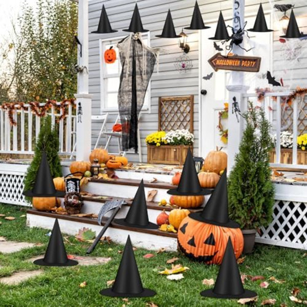 12 PCS Witch Hats, Thickened Hanging Witches Hats Halloween Decor, Black Witch Hat With 164 FT Rope Wizard Decor To Hang From Ceiling, Halloween Decorations Witch Costume Accessory