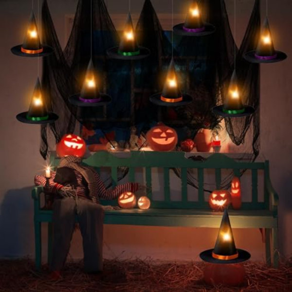 Halloween Hanging Witch Hats Decorations - 12PCS Black Witch Hats With Lights DIY Floating Witch Hats With 28PCS 3D Bats And Creepy Cloth For Halloween Porch Tree Party Decorations
