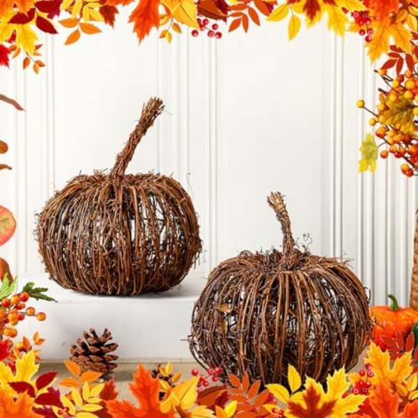 2 Pcs Artificial Wicker Rattan Pumpkin Fall Halloween Decorations For Table Centerpieces Decor For Autumn Harvest Thanksgiving Farmhouse Home Tabletop Decoration