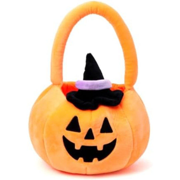 Plush Trick Or Treat Baskets For Halloween – Pumpkin, Witch, Ghost Candy Bags – Soft Jack-O-Lantern Buckets For Halloween Party Supplies (Pumpkin With Hat)
