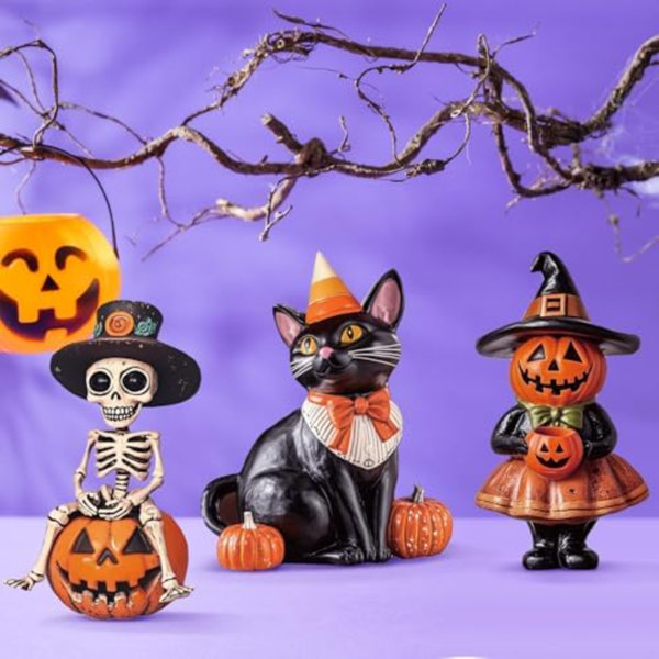 3 Pcs Flat Vintage Halloween Wood Decoration Indoor Halloween Wooden Table Signs Rustic Black Cat Skeleton Pumpkin Decor For Centerpiece Tiered Tray Home Shelf Farmhouse Holiday