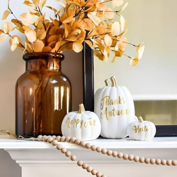 3Pcs Fall Pumpkin Decorations For Home, Faux White And Gold Words Pumpkin, Decorative Resin Pumpkins Figurines For Minimalist Modern Farmhouse Autumn Thanksgiving Fall Table Mantel Décor