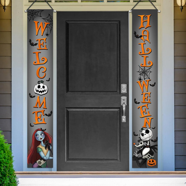 Welcome Halloween Jack Skellington Porch Banner Sign, Spooky Sally Jack O Lantern Pumpkin Front Door Decorative Banner, Funny Spider Web Bat Holiday Party Decoration Home Outdoor Yard Decor