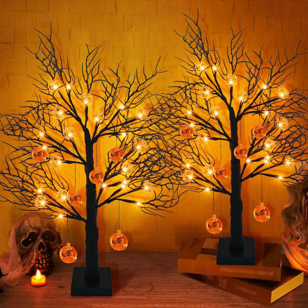 2 Pack 24 In Halloween Black Trees Decor With Timer, 24LED Battery Operated Light Up Tabletop Tree With 12 Pumpkin Orange Lights & DIY 6 Pumpkins Artificial Spooky Tree Halloween Decorations
