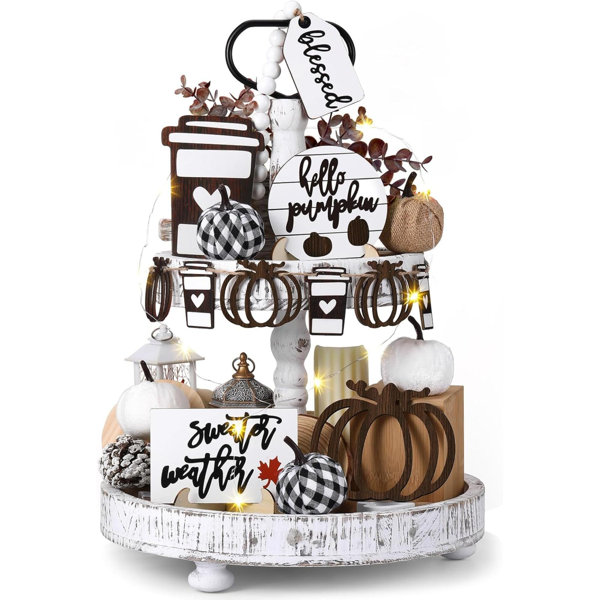 19 PCS Rustic Fall Tiered Tray Decor Fall Farmhouse Home Decor Set Fall Wood Tray Decor Rustic Autumn Pumpkin Tiered Tray Decorative Fall Tray Sign For Tabletop Kitchen Office Decorations