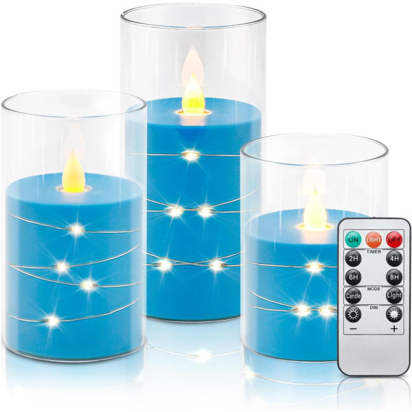 Sky Blue Flickering Flameless Candles, Battery Operated Candles, Recessed String Light LED Candles, Unbreakable Plexiglass Candles With Remote Timer, 3D Flame Set Of 3 (D3 Xh4 5" 6")