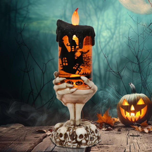 Halloween Snow Globe Flameless Candle With Timer, Battery Operated Tornado Lamp Skeleton Hand Candle Holder Yellow Light Glittering Spinning Water Halloween Table Decor(Bats, 4" X 10")