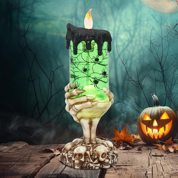 Halloween Snow Globe Flameless Candle With Timer, Battery Operated Tornado Lamp Skeleton Hand Candle Holder Green Light Glittering Spinning Water Halloween Table Decor(Spider, 4" X 10")