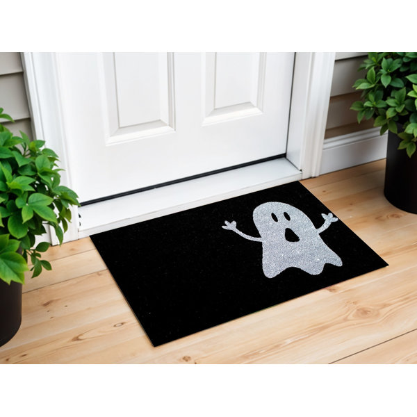 17" X 29" White And Black Ghost Coir Outdoor Halloween Door Mat