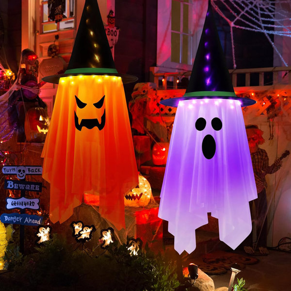 2PCS Halloween Decorations Outdoor Indoor, 41" X 14" Large Size Halloween Hanging Lighted Glowing Ghost Witch Hat Lights Ornaments Hanging Ghosts Decorations For Halloween Party With Remote Control