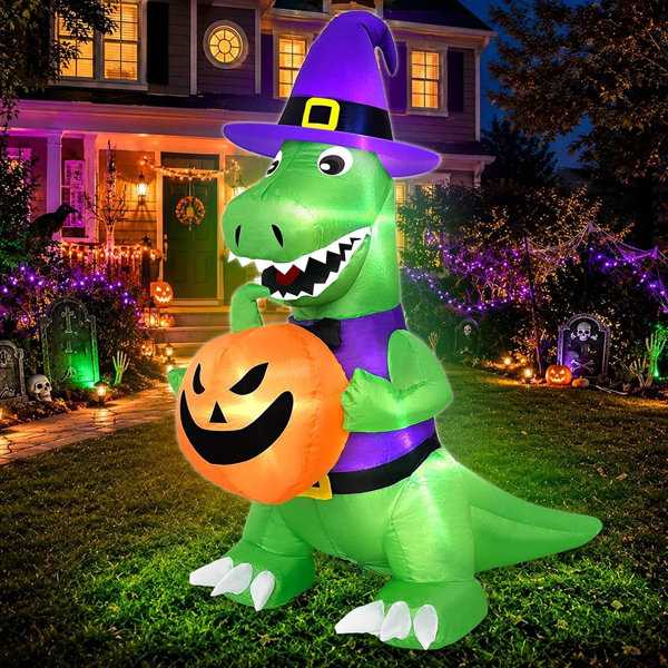 Halloween Witch Dinosaur Holding Pumpkin Inflatable with Built-In LED Lights, Fun Blow-Up Outdoor Decoration for Yard, Lawn, Garden, Porch and Halloween Parties