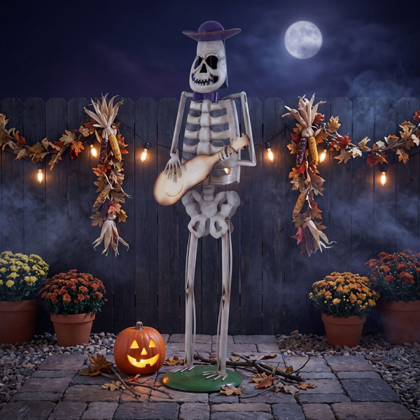 61.8 Inch Metal Halloween Skeleton Guitar Yard Decoration with Stable Round Base, Freestanding Outdoor Lawn, Porch, Patio and Party Décor