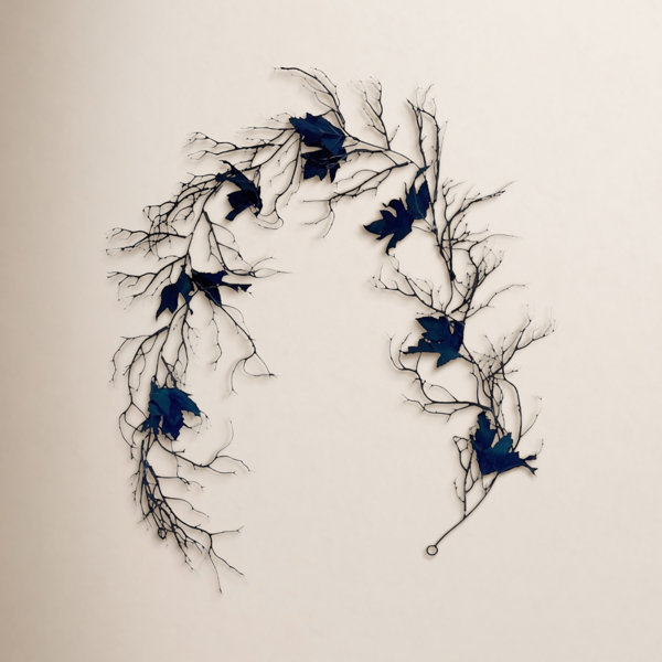 2 Pcs Halloween Artificial Black Twig Garland, 68.9 Inch Spooky Bare Branch Vine with Black Maple Leaves, Gothic Hanging Twig for Wall, Arch, Haunted House, Halloween Party Decor
