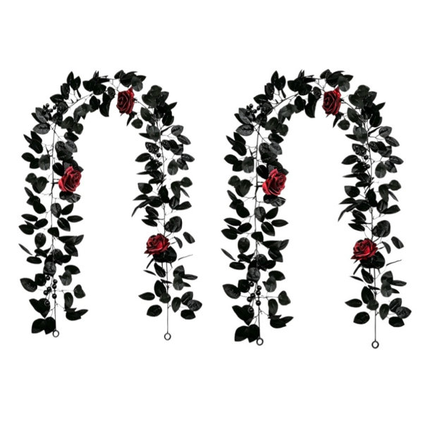 2 Pcs Halloween Artificial Red Rose Garland, 68.90 Inch Fake Hanging Vine with Black Leaves and Black Berries, Gothic Floral Ivy for Wall, Arch, Haunted House, Halloween Party Decor