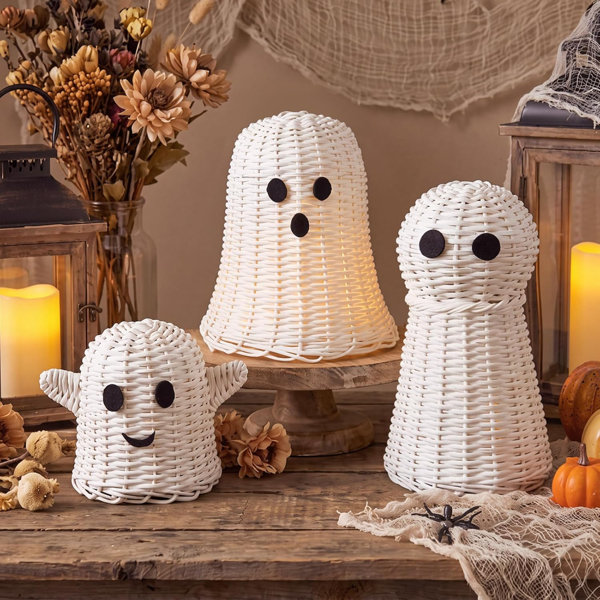 3 Pcs Halloween Wicker Ghost Decor, White Rattan Ghost Figurines | Halloween Ghost Statues, Woven Rattan Decor, Ghost Table Centerpieces, Fall Mantel Tiered Tray Fireplace Spooky Home Decor