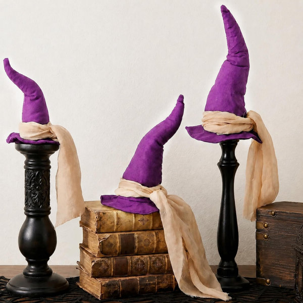 3 Pcs 3 Size Halloween Witch Hat Table Centerpieces with Gauze Ribbon | Purple Vintage Witchy Hats Decor, Fabric Witch Hat Table Decorations for Halloween Home Gothic Office Bookshelf Decor