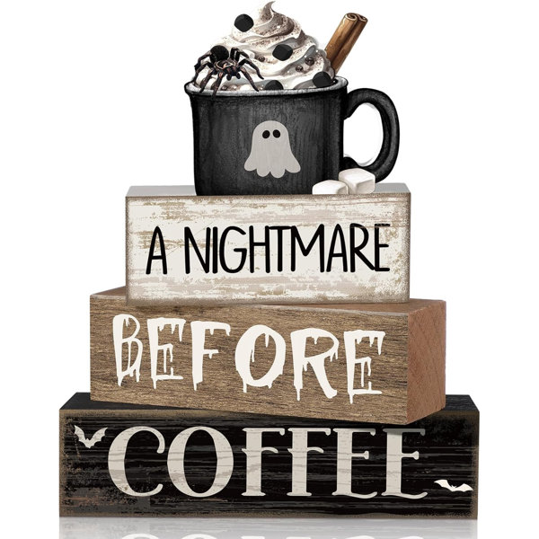 4 Pcs Halloween Farmhouse Tabletop Decor, Ghost Mug Topper | Rustic Wooden Block Signs with Coffee Theme, Perfect for Tiered Tray Decor and Home, Includes Decorative Mug Topper