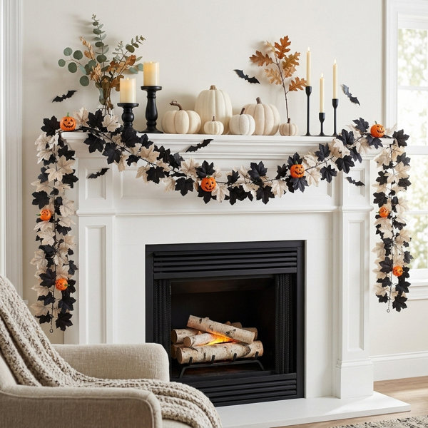 68.9in Artificial Halloween Garland, 2PCS Fall Vine with Black & Beige Maple Leaves, Pumpkin Heads and Spiders, Autumn Halloween Front Door Wall Mantel Decor