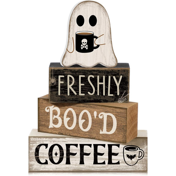4 Pcs Halloween Coffee Table Decorations Ghost Stacked Wooden Decor | Freshly Boo'd Coffee Halloween Tiered Tray Decor, Rustic Ghost Table Centerpiece for Home Kitchen Shelf Bar