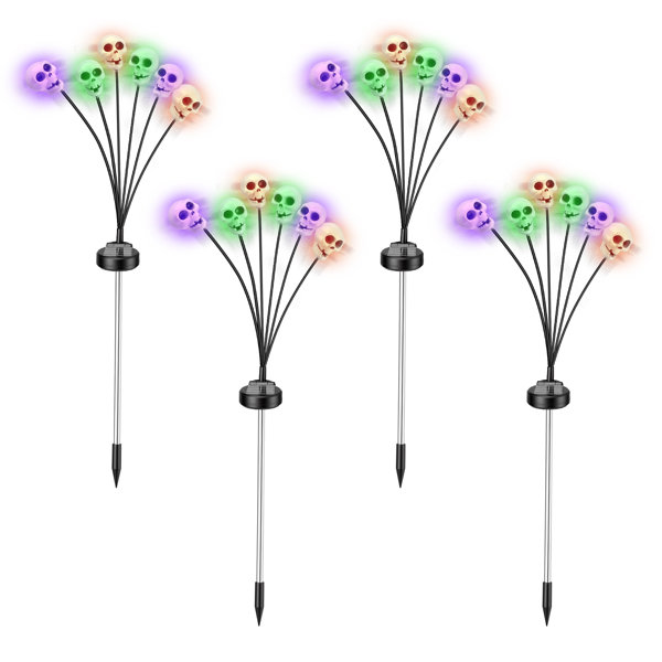 Solar Skull Halloween Pathway Lights with 6 Skull Heads Each, 2 Lighting Modes and Ground Stakes for Yard and Garden