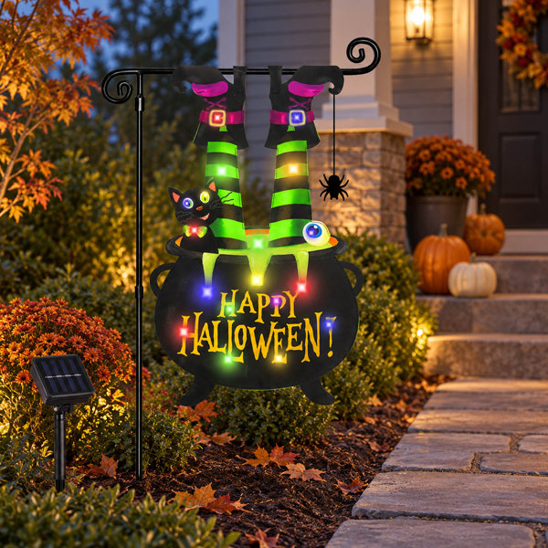 Halloween Garden Flag with Solar Lights (Witch Legs Design, 8 Lighting Modes) – Flagpole Not Included