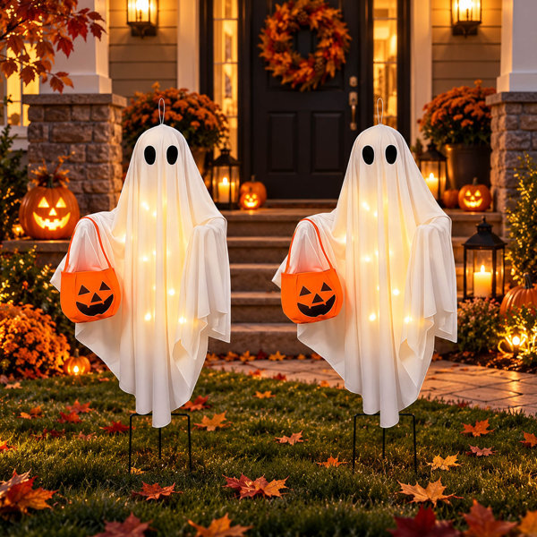 2 Pack Solar Ghost Halloween Lights with Hanging and Stake Design
