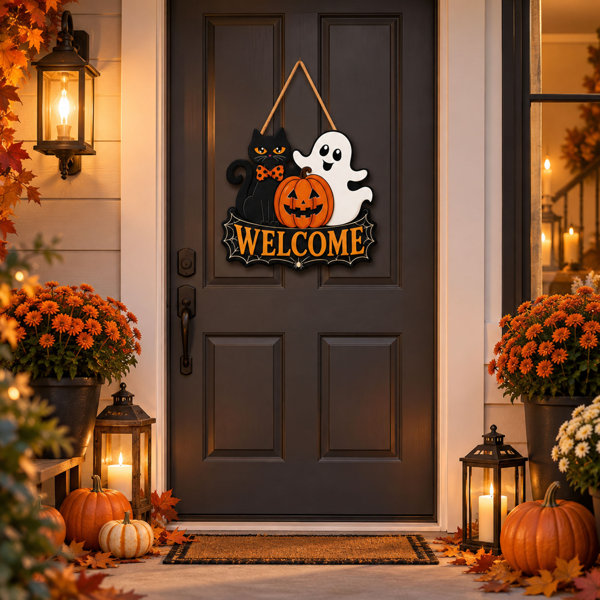 Halloween Black Cat Ghost Pumpkin Welcome Sign for Front Door and Porch