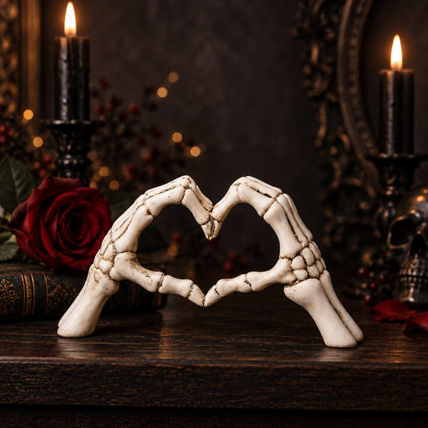 6.3" Gothic Skeleton Heart Hands Sculpture for Halloween and Shelf Decor