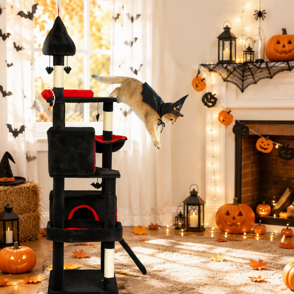 PawHut Gothic Cat Tree, 78" Extra Tall Cat Tower for Indoor Kittens with 2 Spacious Condos, Sisal Scratching Posts, 4 Bat Hanging Balls, Comfy Hammock, Ramp, Bed, Black and Red Halloween