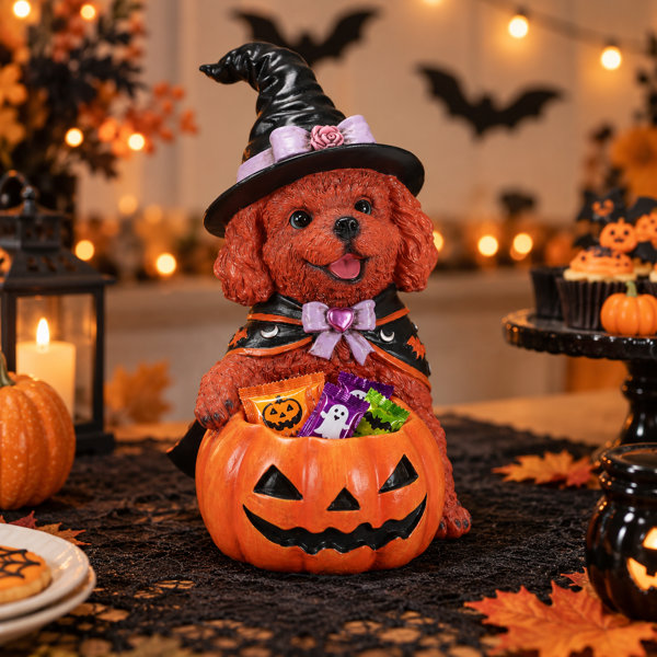 2-in-1 Halloween Dog Candy Bowl, Resin Witch Pet Pumpkin Holder & Tabletop Organizer, 5 Designs
