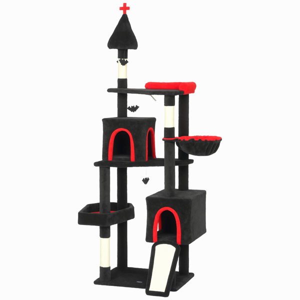 PawHut Gothic Cat Tree, 78" Extra Tall Cat Tower for Indoor Kittens with 2 Spacious Condos, Sisal Scratching Posts, 4 Bat Hanging Balls, Comfy Hammock, Ramp, Bed, Black and Red Halloween