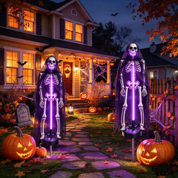 LED Solar Powered Halloween Skeleton Decorations, Waterproof Halloween Grave Marker Light for Lawn Garden Walkway Haunted House Decor(2Pack )
